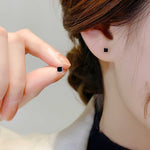 Elegant small square silver stud earrings for women chic black finish, high end niche design, comfortable for sleeping