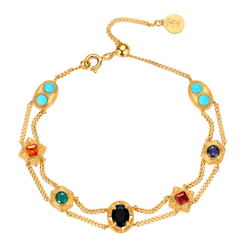 Colorful natural gemstone double layer bracelet, 925 sterling silver gold plated western retro niche temperament pre owned bracelet