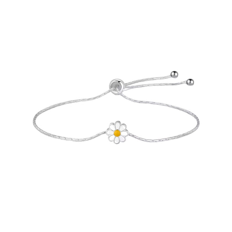 Fresh Enamel Daisy Flower Silver Bracelet, Sweet Feminine Adjustable Wrist Accessory with Trendy Charm