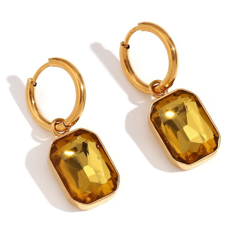 Sophisticated Elegance, 18K Gold Plated Stainless Steel Micro Inlaid Rectangular Zircon Pendant Earrings