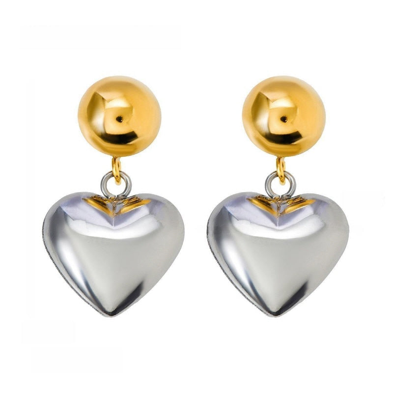 Chic Gold and Silver Color Blocked Hemisphere Heart Earrings, Unique Front and Rear Design