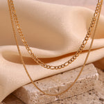 Elegant Double Layer Figaro and Round Snake Chain Necklace, 18K Gold Plated