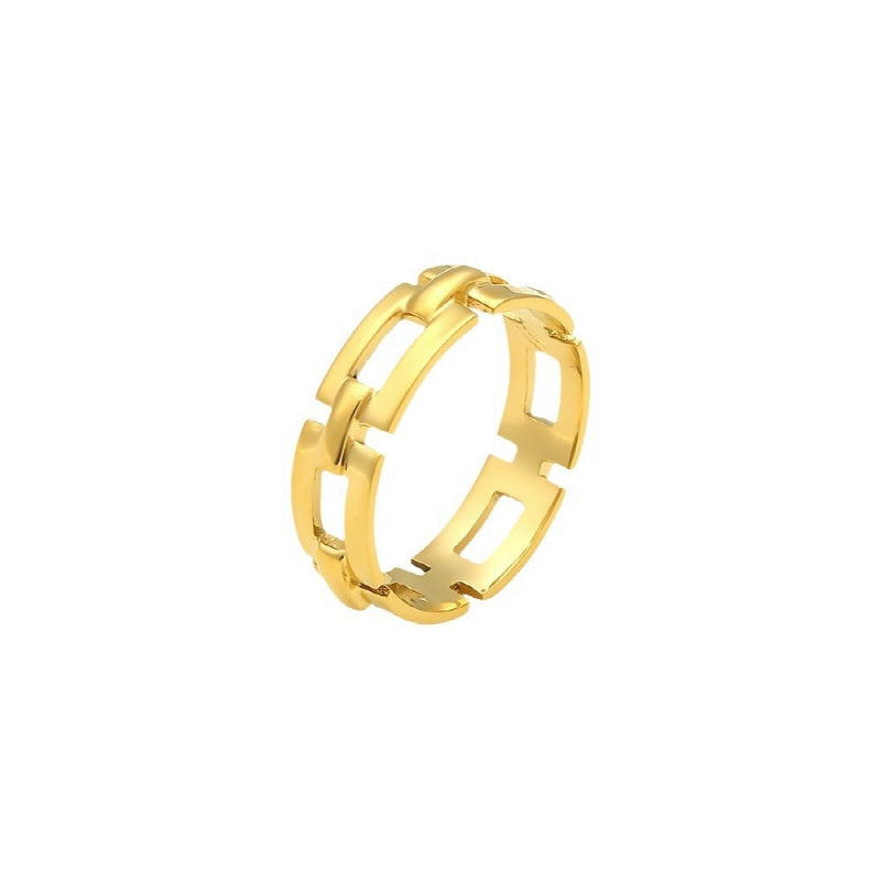 Chic and Modern 18K Gold Plated Stainless Steel Hollow Rectangular Chain Ring for Women