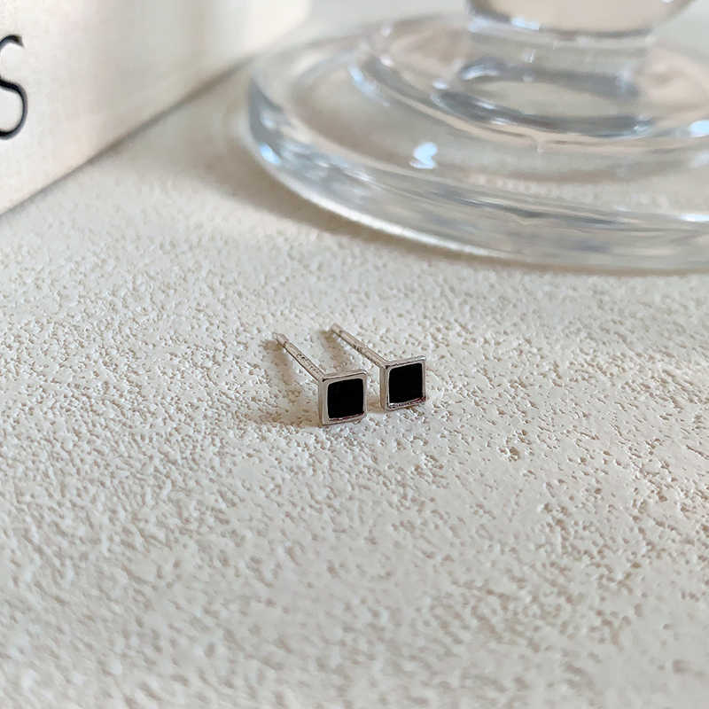 Elegant small square silver stud earrings for women chic black finish, high end niche design, comfortable for sleeping